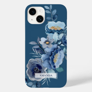Coque Pour iPhone 14 Fleurs de marine   Nom personnalisé bleu