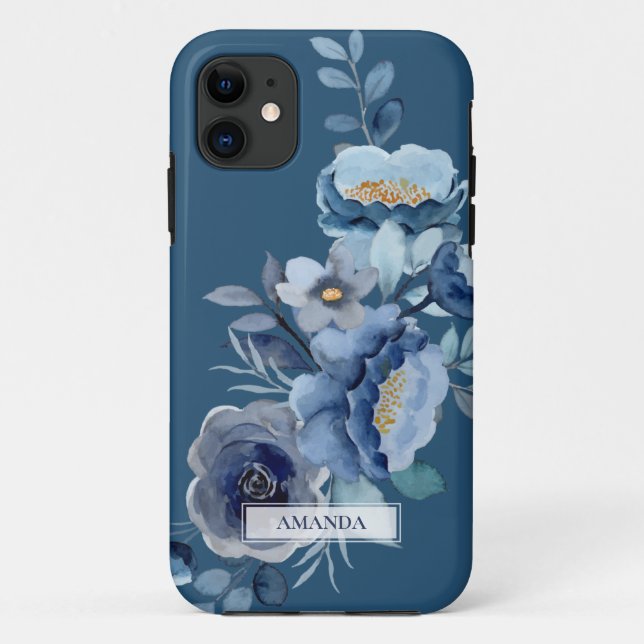 Coques Case-Mate iPhone Fleurs de marine | Nom personnalisé bleu (Dos)