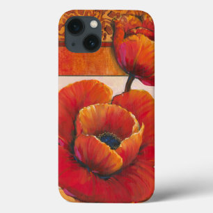 iPhone 13 Case Fleurs de pavot sur Tan et Arrière - plan orange