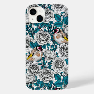 Coque Pour iPhone 14 Plus Fleurs de roses blanches et oiseaux d'or