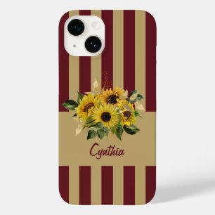 Coque Pour iPhone 14 Fleurs de soleil jaunes et rayées bordeaux et or