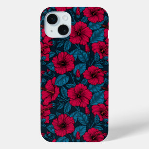 Coque iPhone 15 Mini Fleurs d'hibiscus rouges