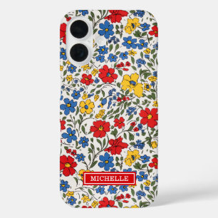 Coque Pour iPhone 16 Fleurs Ditsy Bleu Rouge et Jaune Monogrammées