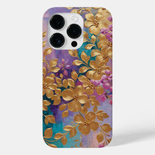 Coque Pour iPhone 14 Pro Fleurs D'Or Peintes Sur Lilac Rose Turquoise