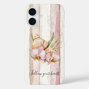 Coque Pour iPhone 16 Fleurs d'orchidée à rayures crème blush rose