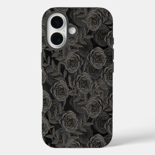 Coque Pour iPhone 16 FLEURS éffrayantes DE HALLOWEEN NOIR ET OR GOTHIQU