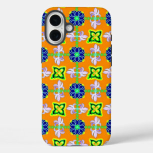 Coques iPhone 16 Plus Fleurs en Artdeco style rétro vert bleu jaune