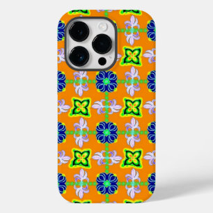 Coque Pour iPhone 14 Pro Fleurs en Artdeco style rétro vert bleu jaune