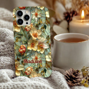 Coque Pour iPhone 16 Fleurs en verre coloré beige