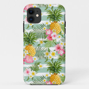 Coque iPhone 11 Fleurs et ananas tropicaux sur les rayures