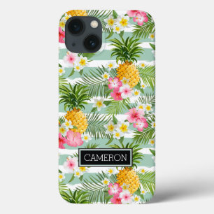 Etui iPhone 13 Fleurs et ananas Turquoises rayures   Ajouter Votr