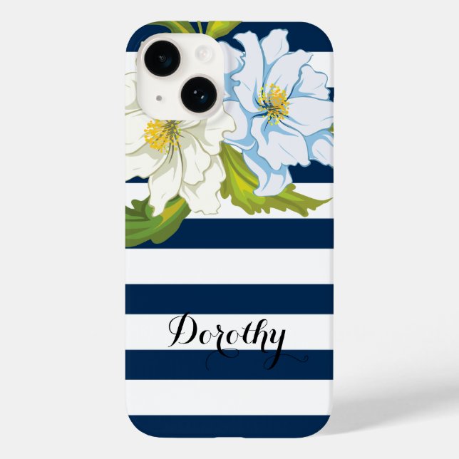 Coques Case-Mate iPhone Fleurs et bleu, rayures blanches modernes florales (Verso)
