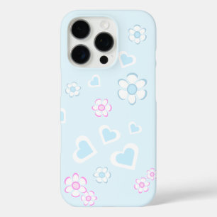 Coques iPhone 16 Pro Fleurs et cœurs bleus clair et roses enchanteurs 