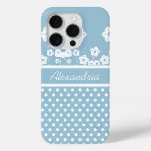 Coque iPhone 15 Pro Fleurs et Pois blancs sur bleu clair