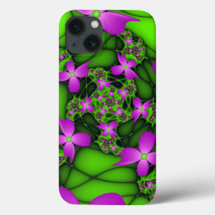 Etui iPhone 13 Fleurs fractales Abstraites de néon rose vert