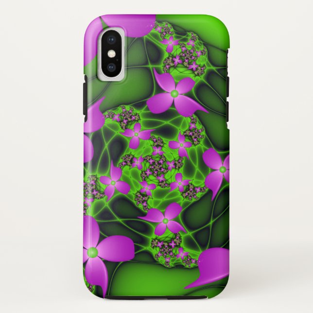 Coques Case-Mate iPhone Fleurs fractales Abstraites de néon rose vert (Dos)