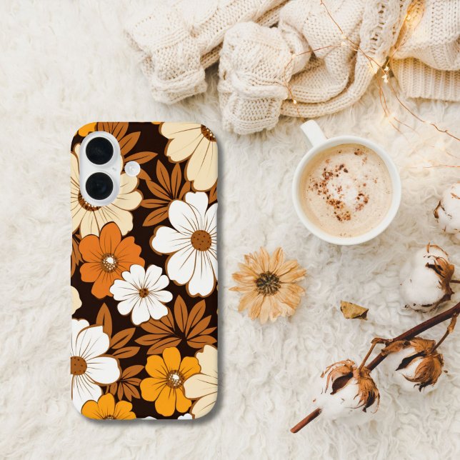 Coques Case-Mate iPhone Fleurs hippies rétro Beige Jaune Brown Orange (Retro Groovy Hippie Flowers Florals iPhone case in brown, yellow, orange white)
