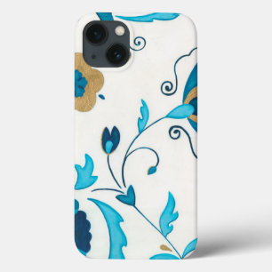 iPhone 13 Coque Fleurs Indigo dorées avec Arrière - plan blanc