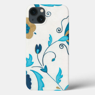 iPhone 13 Coque Fleurs Indigo dorées avec Arrière - plan blanc