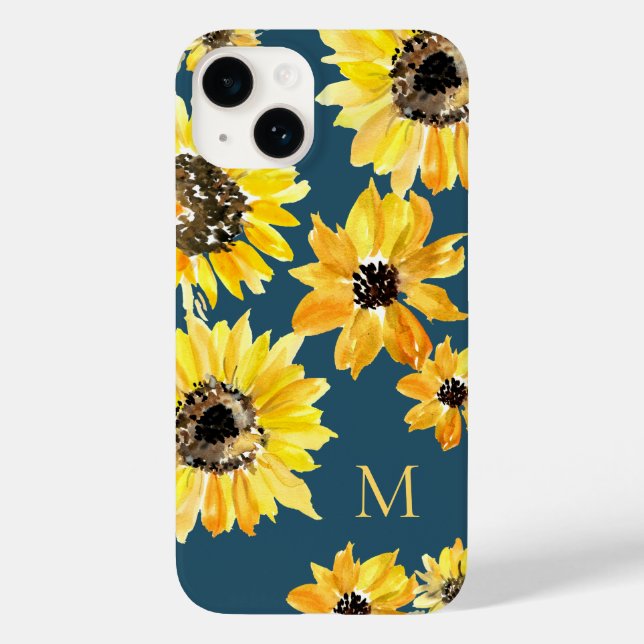 Coques Case-Mate iPhone Fleurs jaunes d'aquarelle sur le Monogramme bleu (Verso)
