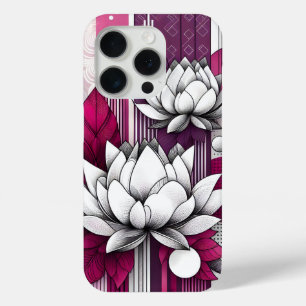 Coque iPhone 15 Pro Fleurs Lotus en Magenta noir & blanc