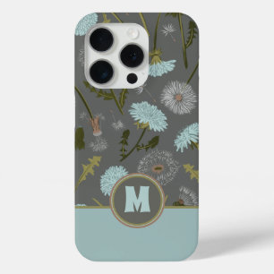 Coque iPhone 15 Pro Fleurs lunaires Monogrammes Gris Bleu Dandelion