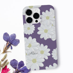 Coque iPhone 15 Pro Max Fleurs marguerites blanches Purple Nom Fille migno