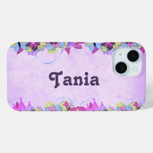 Coque Pour iPhone 15 Fleurs mignonnes et papillons sur violet