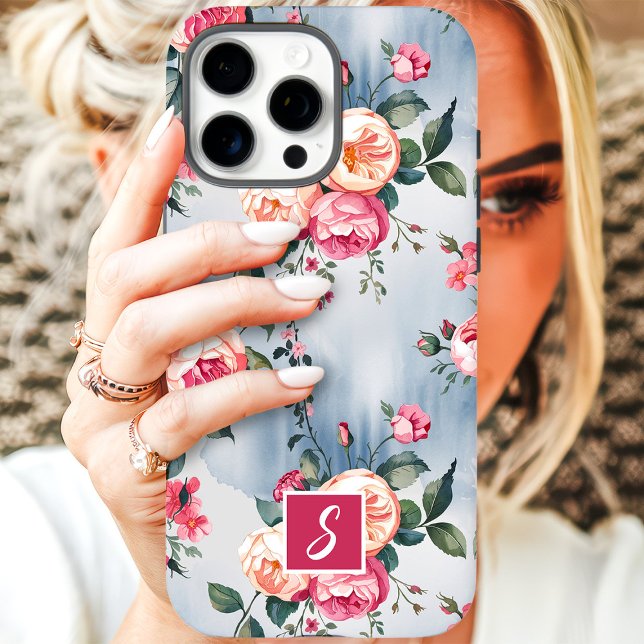 Coques Case-Mate iPhone Fleurs monogrammes roses et pêche (Créateur téléchargé)