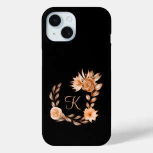 Coque Pour iPhone 15 Fleurs noir marron et pêche monogrammées