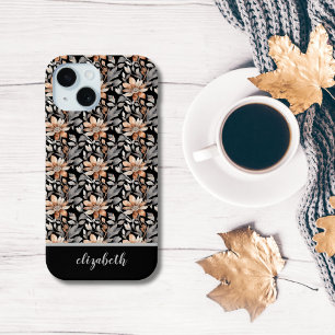 Coque Pour iPhone 15 Fleurs orange brûlé rouille noir gris Monogramme