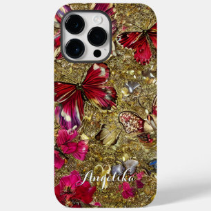 Coque Pour Pour iPhone 14 Pro Max Fleurs papillons abstraites or et rouge