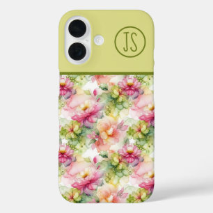 Coque Pour iPhone 16 Fleurs Pastel Illustration d'encre d'alcool Monogr