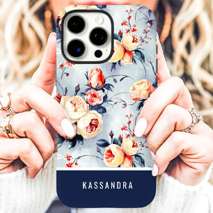 Coques iPhone 16 Pro Max Fleurs personnalisées Navy et pêche 