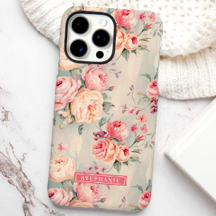 Coques iPhone 16 Pro Max Fleurs personnalisées rose et pêche 
