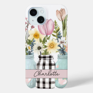 Coque Pour iPhone 15 Fleurs printanières dans Mason Jar Design avec nom