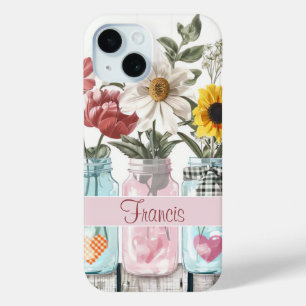 Coque Pour iPhone 15 Fleurs printanières dans Mason Jar Design avec nom