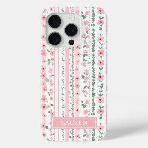 Coque iPhone 15 Pro Fleurs rayées rose personnalisées