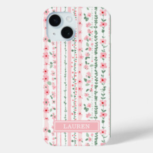 Coque Pour iPhone 15 Fleurs rayées rose personnalisées