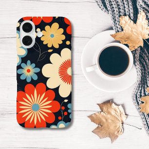 Coque Pour iPhone 16 Fleurs rétro hippie bleu jaune beige rouge