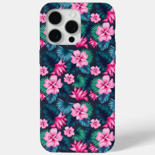Coque iPhone 15 Pro Max Fleurs roses avec Feuilles verts Partern-79066