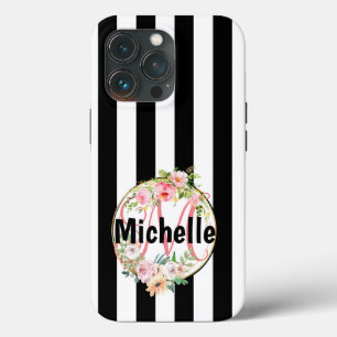 Case-Mate iPhone Case Fleurs roses chic monogrammées rayures noires et b