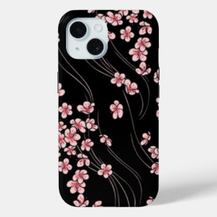 Coque Pour iPhone 15 Fleurs roses de cerisiers sur le noir de souris Pa
