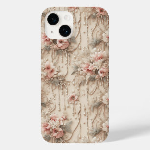 Coque Pour iPhone 14 Fleurs roses élégantes et perles blanches en casca