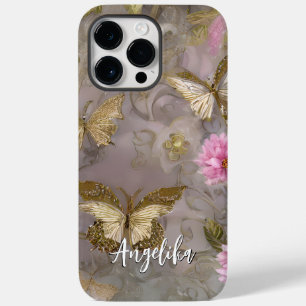 Coque Pour Pour iPhone 14 Pro Max Fleurs roses et fleurs dorées Nom personnalisé Sh