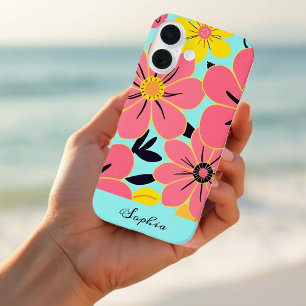 Coque Pour iPhone 16 Fleurs roses et jaunes sur Sky Blue Dopamine