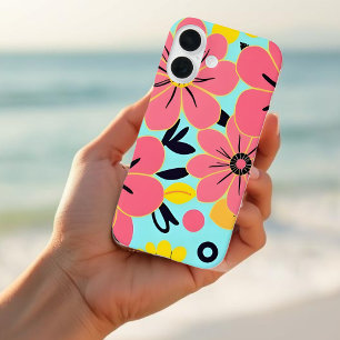 Coque Pour iPhone 16 Fleurs roses et jaunes sur Sky Blue Dopamine