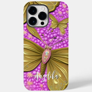 Coque Pour Pour iPhone 14 Pro Max Fleurs roses et papillons dorés Nom