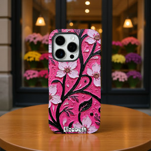 Coques iPhone 16 Pro Fleurs roses et tiges noires en pasto