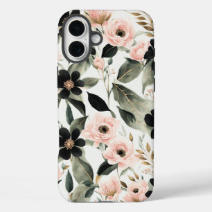Coques iPhone 16 Plus Fleurs roses noires et coquilles